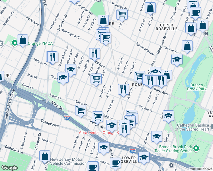 map of restaurants, bars, coffee shops, grocery stores, and more near 104 North 13th Street in Newark