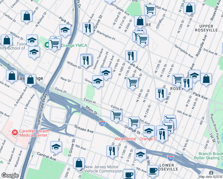map of restaurants, bars, coffee shops, grocery stores, and more near 100 North 18th Street in East Orange