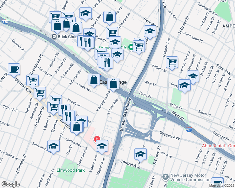 map of restaurants, bars, coffee shops, grocery stores, and more near 239-41 Freeway Drive West in East Orange