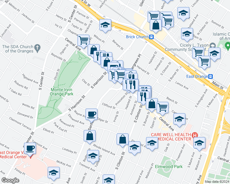 map of restaurants, bars, coffee shops, grocery stores, and more near 37 Cambridge Street in East Orange
