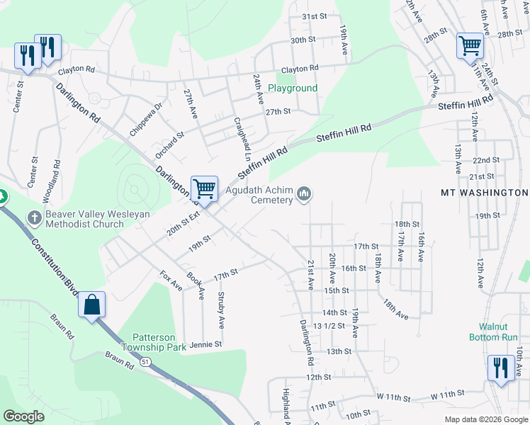 map of restaurants, bars, coffee shops, grocery stores, and more near 2103 18th Street in Beaver Falls