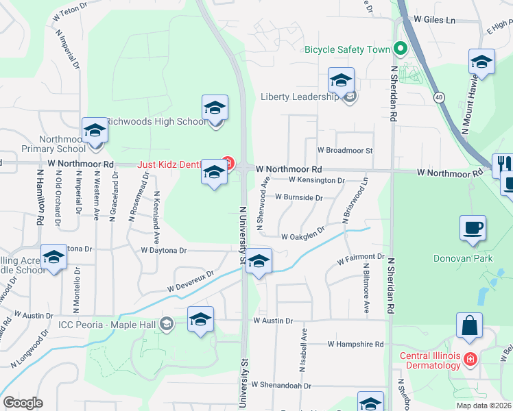 map of restaurants, bars, coffee shops, grocery stores, and more near 5925 North Sherwood Avenue in Peoria
