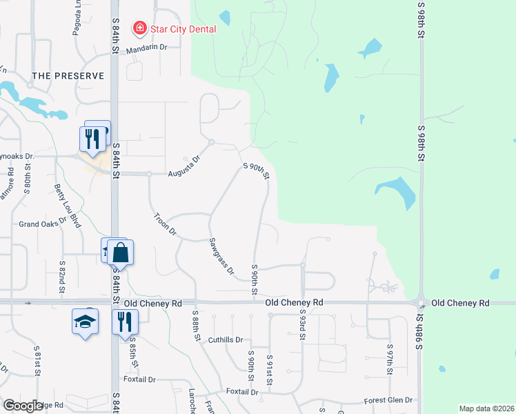 map of restaurants, bars, coffee shops, grocery stores, and more near 5219 South 90th Street in Lincoln