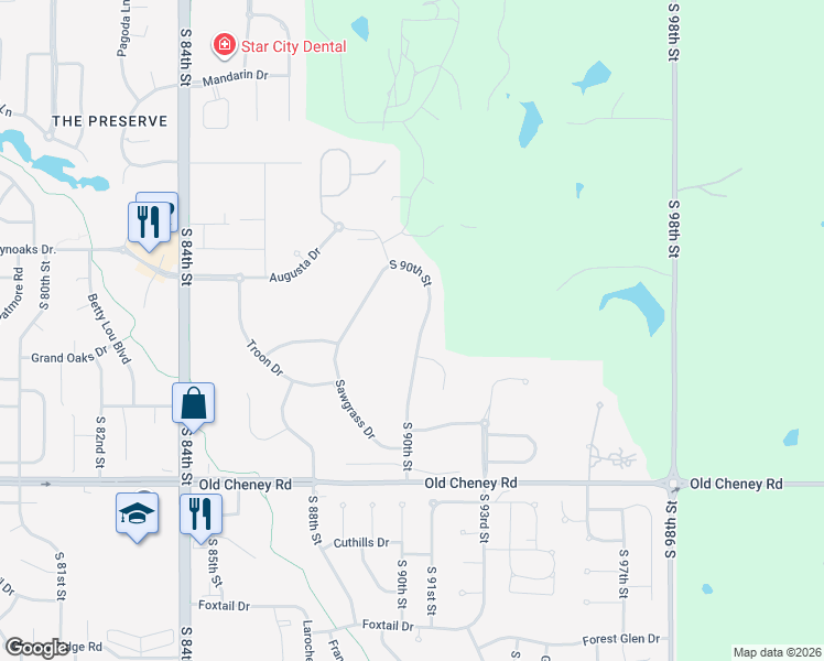 map of restaurants, bars, coffee shops, grocery stores, and more near 5219 South 90th Street in Lincoln