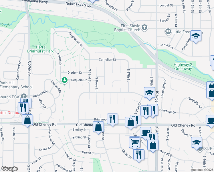 map of restaurants, bars, coffee shops, grocery stores, and more near 5429 Blueberry Court in Lincoln
