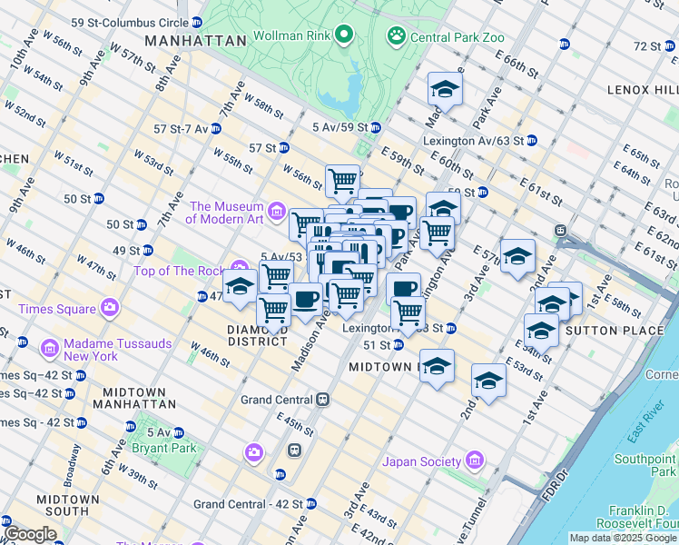 map of restaurants, bars, coffee shops, grocery stores, and more near 510 Madison Avenue in New York