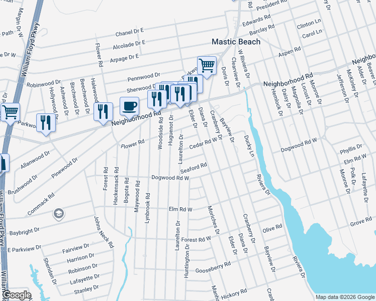 map of restaurants, bars, coffee shops, grocery stores, and more near 292 Cedar Road West in Mastic Beach
