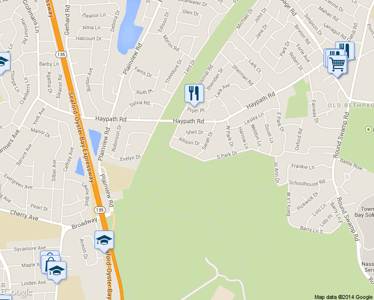 map of restaurants, bars, coffee shops, grocery stores, and more near 93 South Park Drive in Old Bethpage