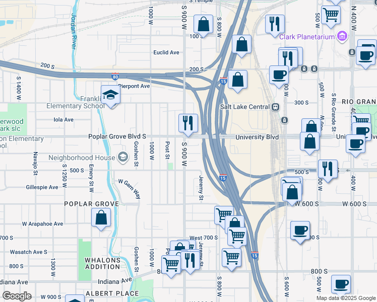 map of restaurants, bars, coffee shops, grocery stores, and more near 877 Pacific Avenue South in Salt Lake City