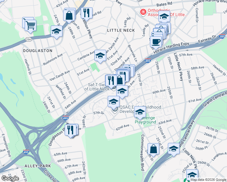 map of restaurants, bars, coffee shops, grocery stores, and more near 245 Horace Harding Expressway in Queens