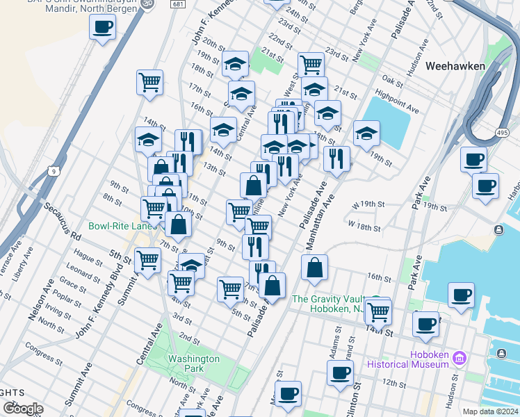 map of restaurants, bars, coffee shops, grocery stores, and more near 1206 Bergenline Avenue in Union City