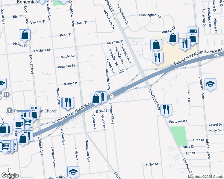 map of restaurants, bars, coffee shops, grocery stores, and more near 4909 Sunrise Highway in Bohemia