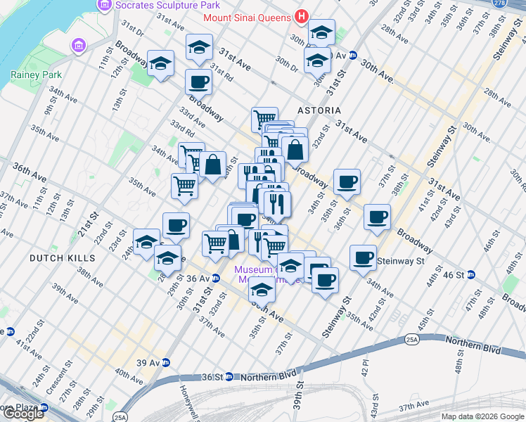 map of restaurants, bars, coffee shops, grocery stores, and more near in Queens
