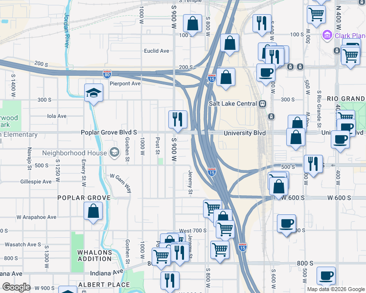 map of restaurants, bars, coffee shops, grocery stores, and more near 862 Pacific Avenue South in Salt Lake City