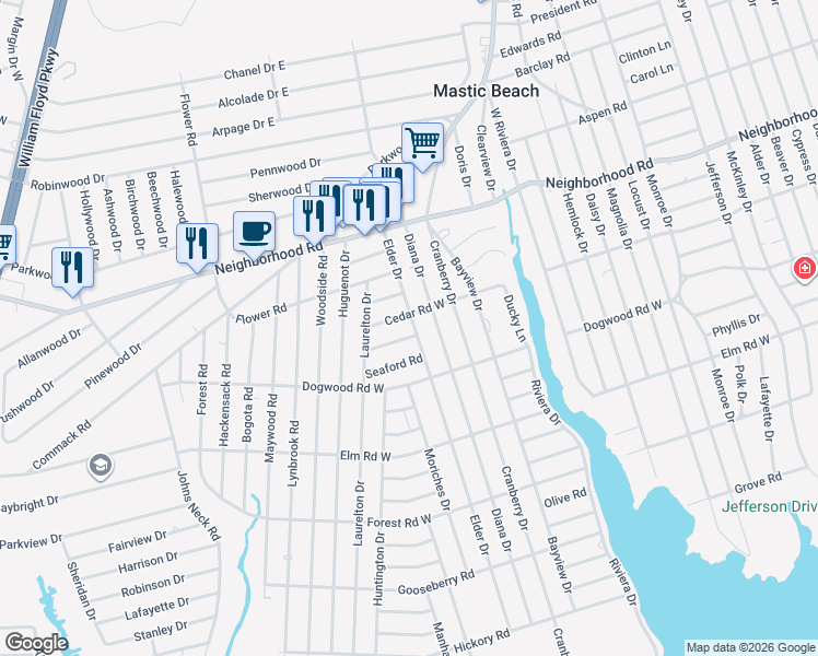 map of restaurants, bars, coffee shops, grocery stores, and more near 148 Elder Drive in Mastic Beach