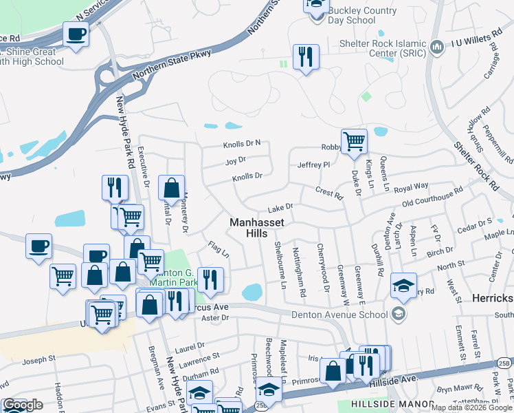 map of restaurants, bars, coffee shops, grocery stores, and more near 73 Lake Drive in New Hyde Park
