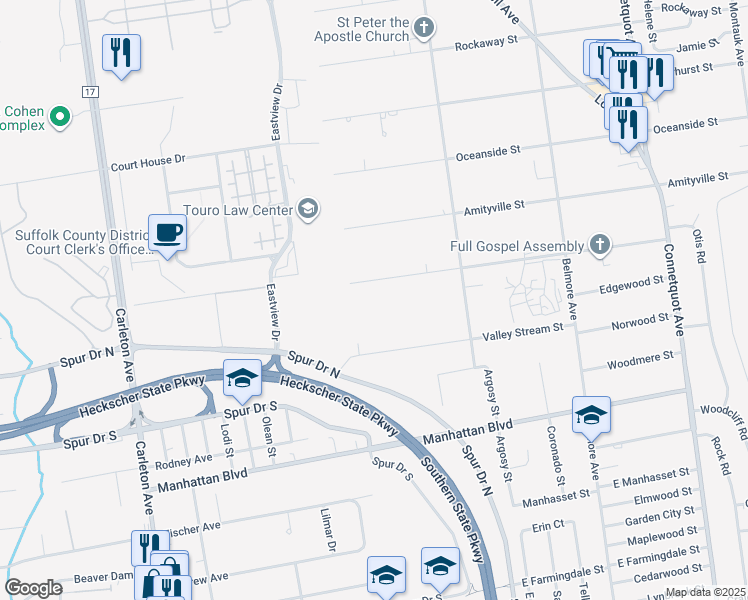 map of restaurants, bars, coffee shops, grocery stores, and more near 20 Floral Park Street in Islip Terrace