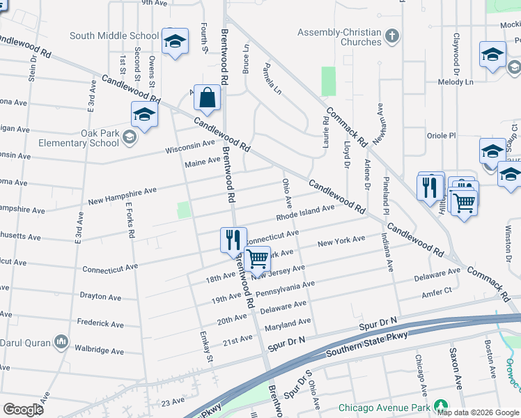 map of restaurants, bars, coffee shops, grocery stores, and more near 118 Rhode Island Avenue in Bay Shore