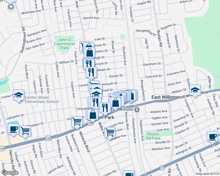 map of restaurants, bars, coffee shops, grocery stores, and more near 40 Cornell Street in Williston Park