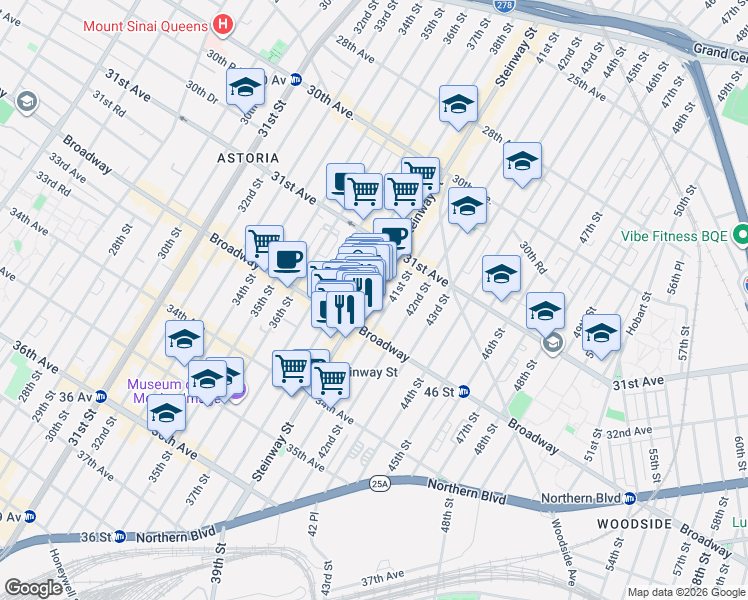 map of restaurants, bars, coffee shops, grocery stores, and more near 31-91 Steinway Street in Queens