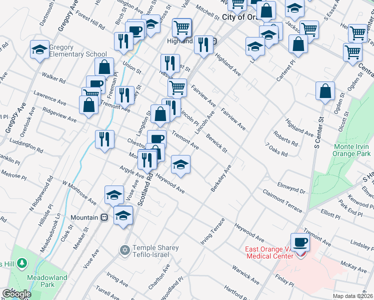 map of restaurants, bars, coffee shops, grocery stores, and more near 458 Tremont Place in City of Orange