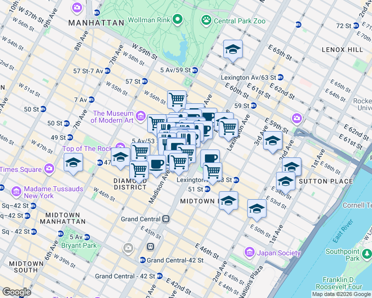 map of restaurants, bars, coffee shops, grocery stores, and more near 515 Madison Avenue in New York