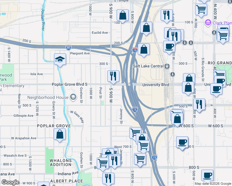 map of restaurants, bars, coffee shops, grocery stores, and more near 866 Pacific Avenue South in Salt Lake City