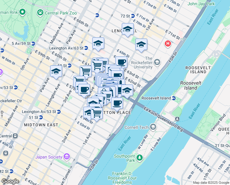 map of restaurants, bars, coffee shops, grocery stores, and more near 401 East 59th Street in New York
