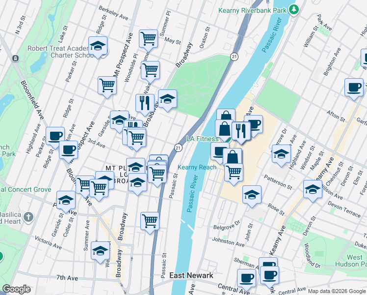 map of restaurants, bars, coffee shops, grocery stores, and more near 43 Passaic Street in Newark