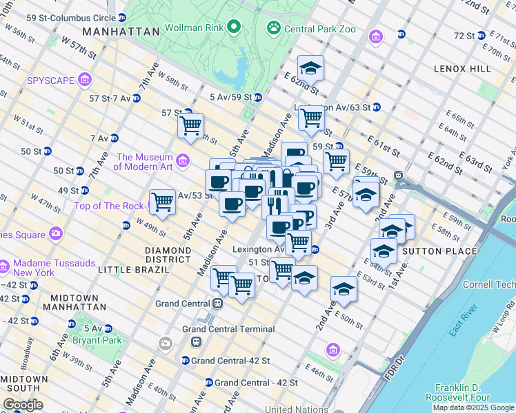 map of restaurants, bars, coffee shops, grocery stores, and more near 390 Park Avenue in New York