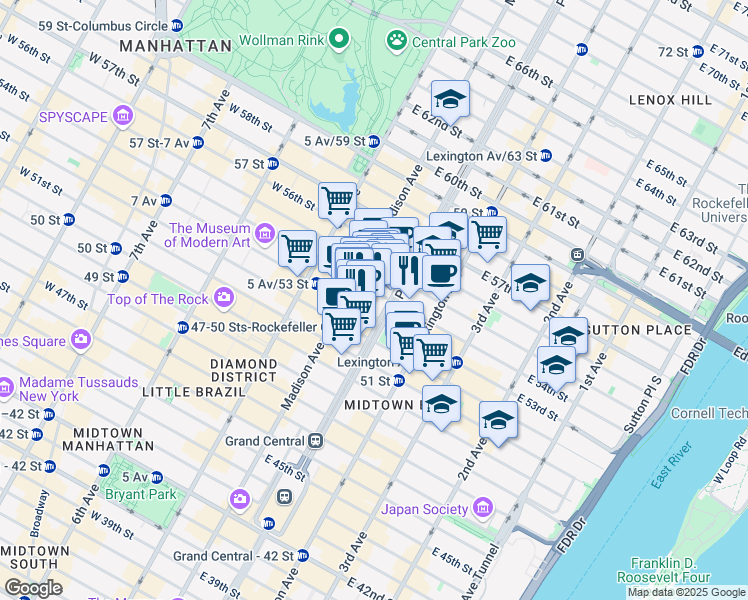 map of restaurants, bars, coffee shops, grocery stores, and more near 390 Park Avenue in New York