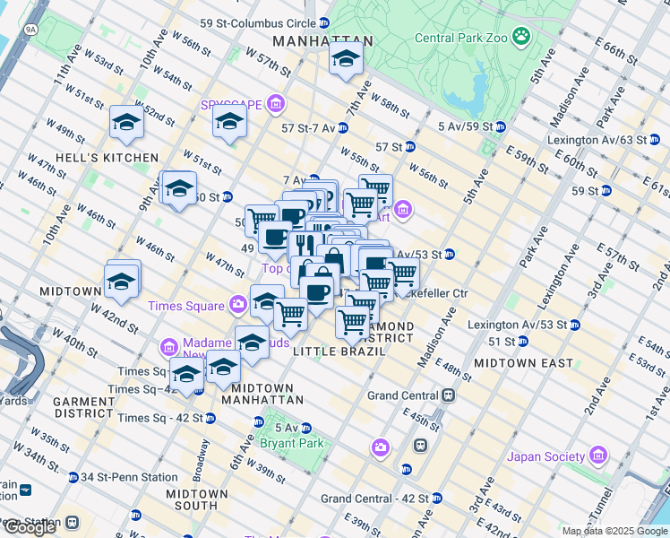 map of restaurants, bars, coffee shops, grocery stores, and more near 1251 6th Avenue in New York