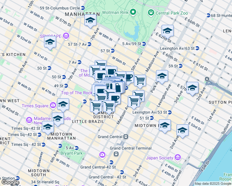 map of restaurants, bars, coffee shops, grocery stores, and more near 650 5th Avenue in New York