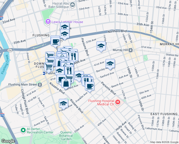 map of restaurants, bars, coffee shops, grocery stores, and more near 143-29 Barclay Avenue in Queens