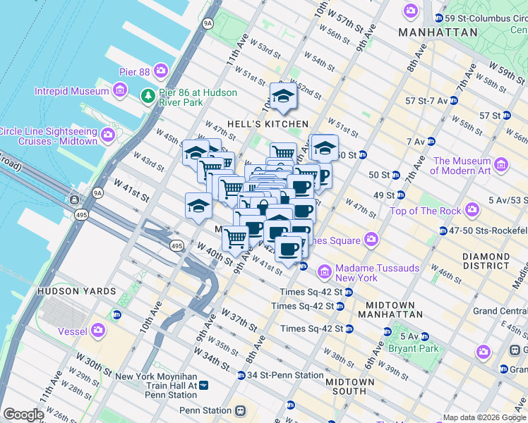 map of restaurants, bars, coffee shops, grocery stores, and more near in New York
