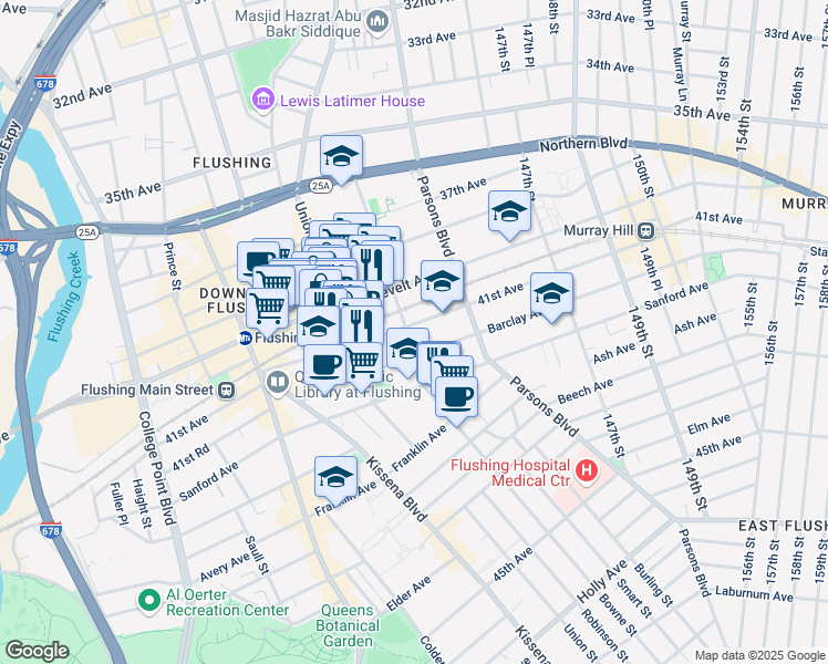 map of restaurants, bars, coffee shops, grocery stores, and more near 41-5 Bowne Street in Queens