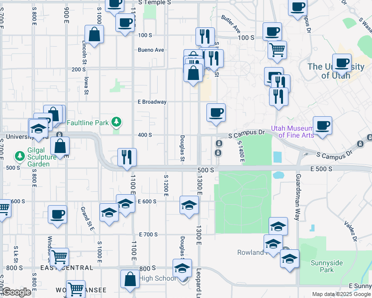map of restaurants, bars, coffee shops, grocery stores, and more near 441 Douglas Street in Salt Lake City