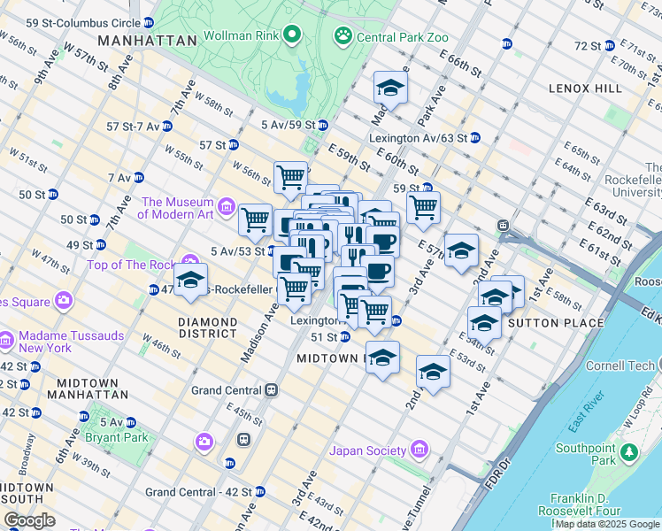 map of restaurants, bars, coffee shops, grocery stores, and more near 400 Park Avenue in New York
