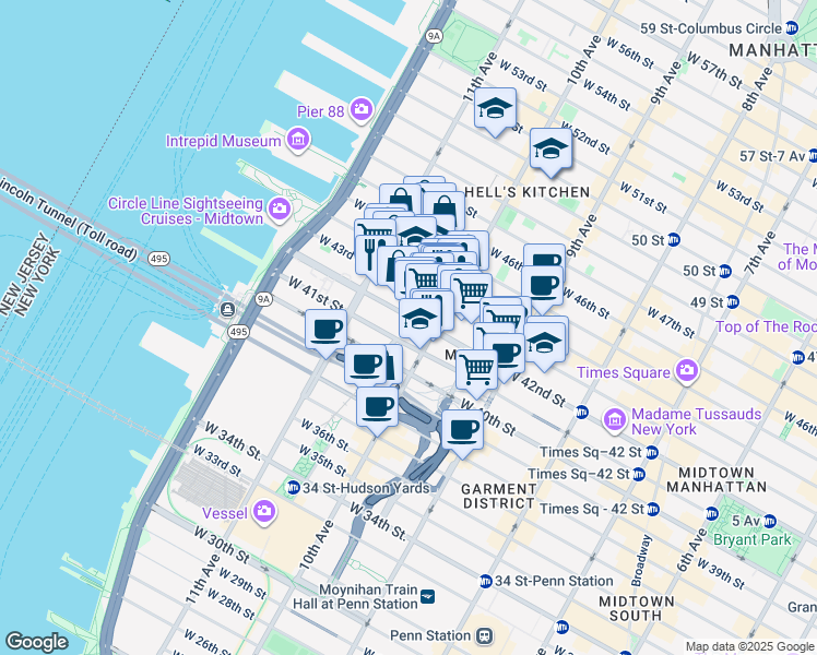 map of restaurants, bars, coffee shops, grocery stores, and more near in New York