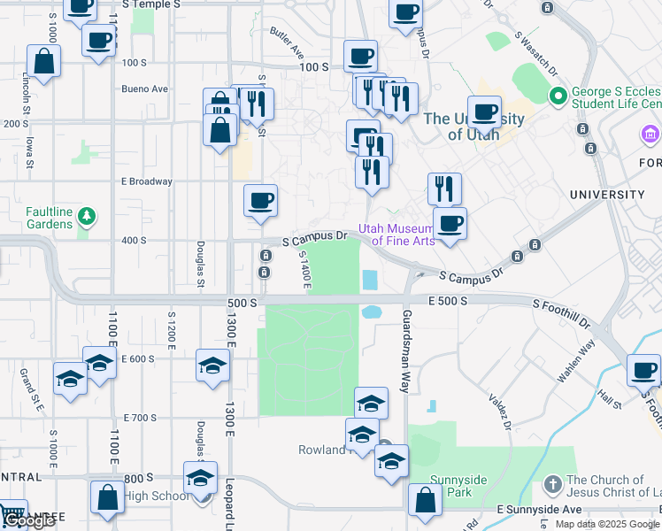 map of restaurants, bars, coffee shops, grocery stores, and more near 451 1400 East in Salt Lake City