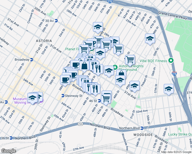 map of restaurants, bars, coffee shops, grocery stores, and more near 31-09 44th Street in Queens