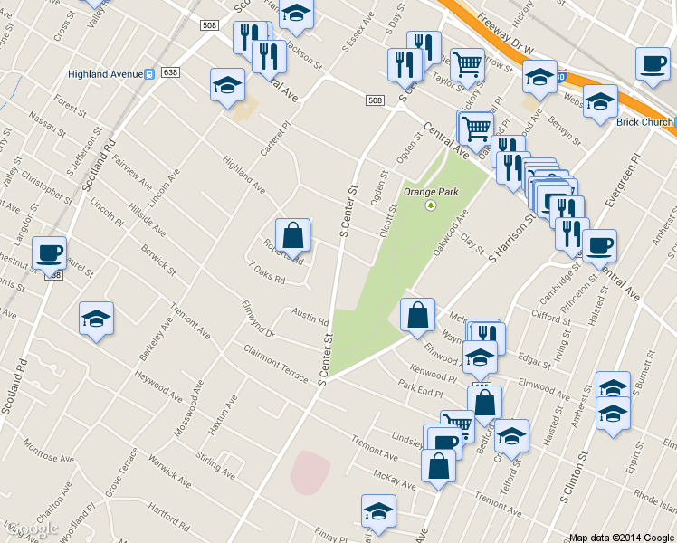map of restaurants, bars, coffee shops, grocery stores, and more near 471 South Center Street in City of Orange