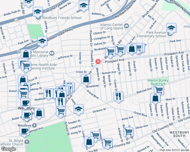 map of restaurants, bars, coffee shops, grocery stores, and more near 265 Covert Street in Westbury