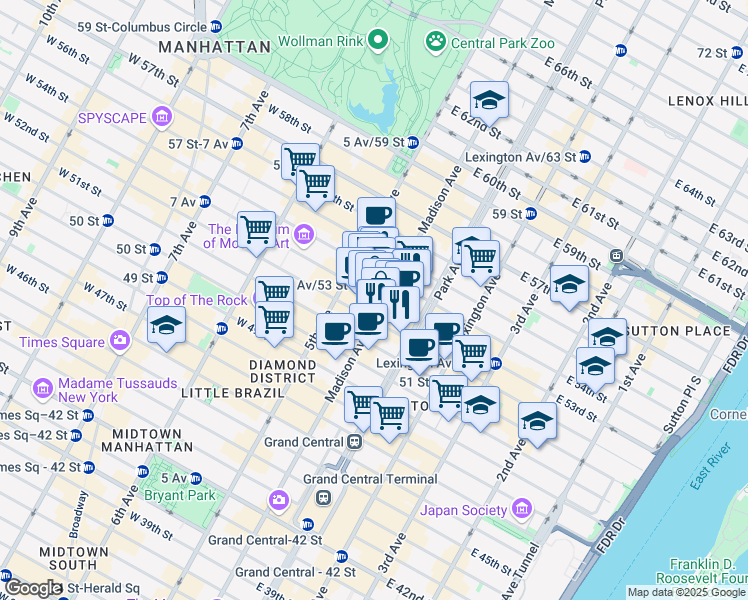 map of restaurants, bars, coffee shops, grocery stores, and more near 510 Madison Avenue in New York