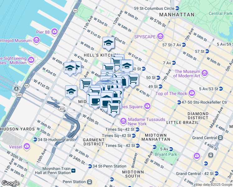 map of restaurants, bars, coffee shops, grocery stores, and more near 341 West 45th Street in New York