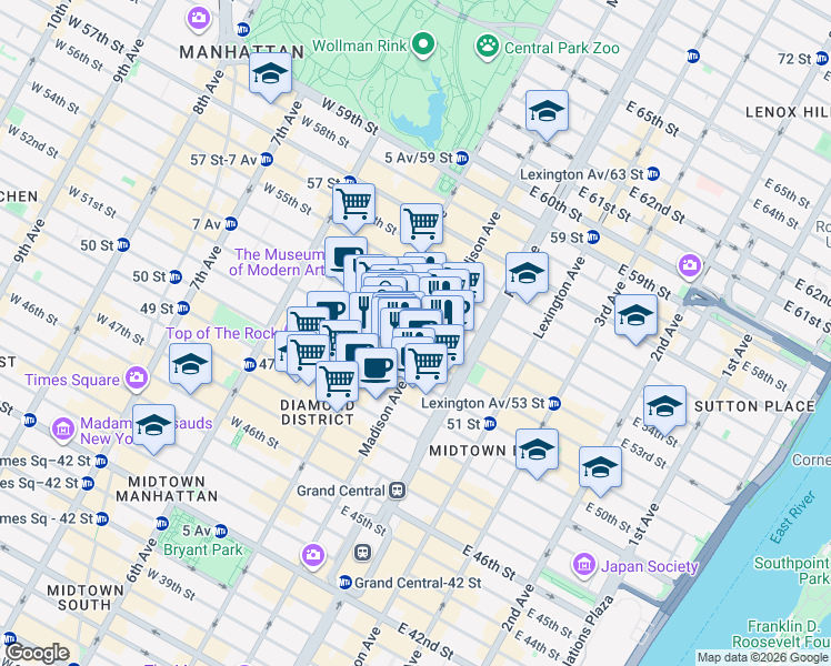 map of restaurants, bars, coffee shops, grocery stores, and more near 7 East 52nd Street in New York