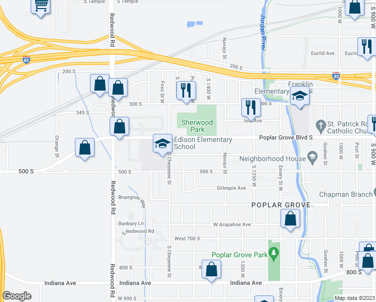 map of restaurants, bars, coffee shops, grocery stores, and more near 1444 Pacific Avenue South in Salt Lake City