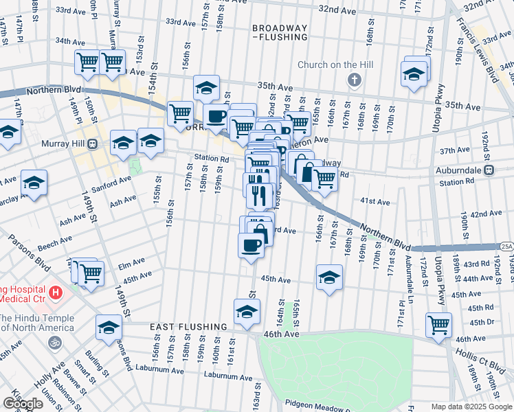 map of restaurants, bars, coffee shops, grocery stores, and more near 42-26 162nd Street in Queens