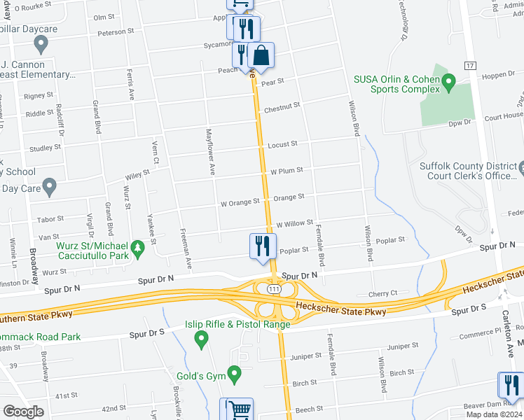map of restaurants, bars, coffee shops, grocery stores, and more near 760 Islip Avenue in Brentwood