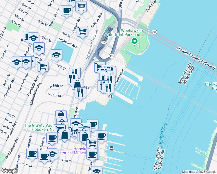 map of restaurants, bars, coffee shops, grocery stores, and more near 1000 Harbor Boulevard in Weehawken